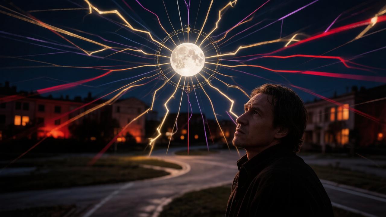 Луна в Козероге и астрологические молнии в ночном небе — иллюстрация к гороскопу на 24 августа.